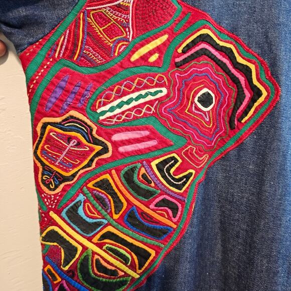 Vintage Denim Dress Womens Large Blue Embroidered Colorful Pleated Ruffles Boho - Picture 6 of 12